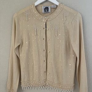 STORYBOOK KNITS Silk Wool Tan embroidered beaded knit cardigan XS NEW